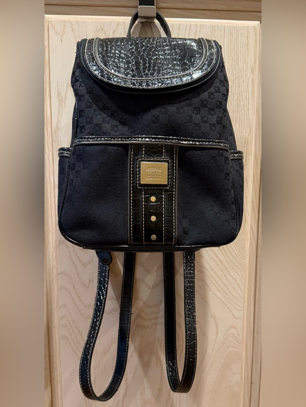 Liz Claiborne Black Backpack with Gold Plaque and Croc Trim